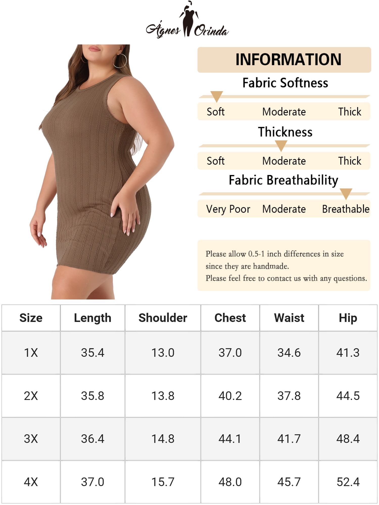 Unique Bargains Women's Plus Size Ribbed Knit Bodycon Pencil Midi Sweater Tank Dress 2X Brown