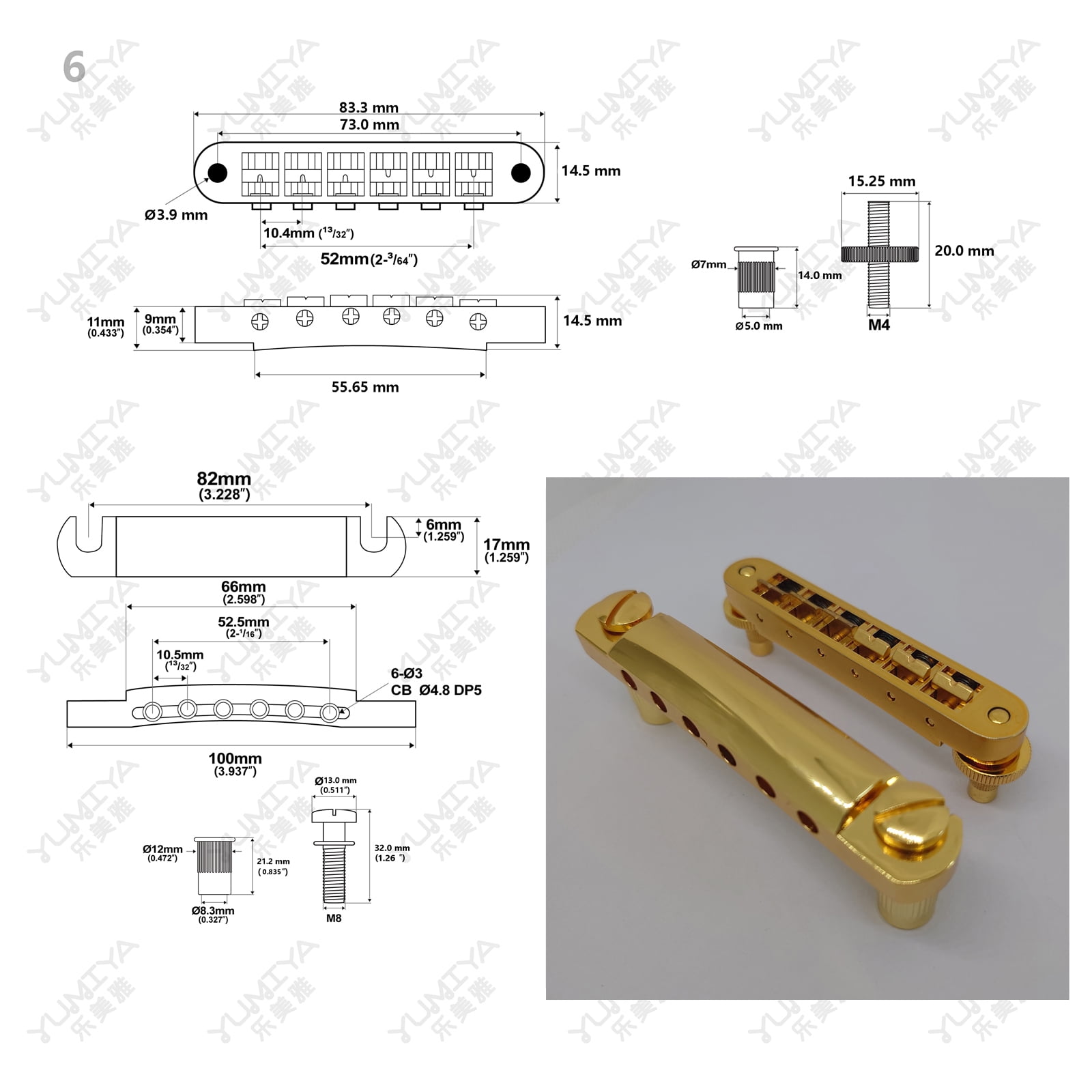 Guitar Fixed Saddle Bridge Tailpiece Set with ABR-1 Style Tune-O-Matic Bridge Gold for ABR LP SG EPi Electric Guitars