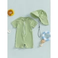 thumbnail image 3 of WIBACKER 0-3T Toddler Baby Boys Seersucker Short Sleeve One Piece Rash Guard Swimsuit Zipper Bathing Suit Swimwear with Hat, 3 of 8