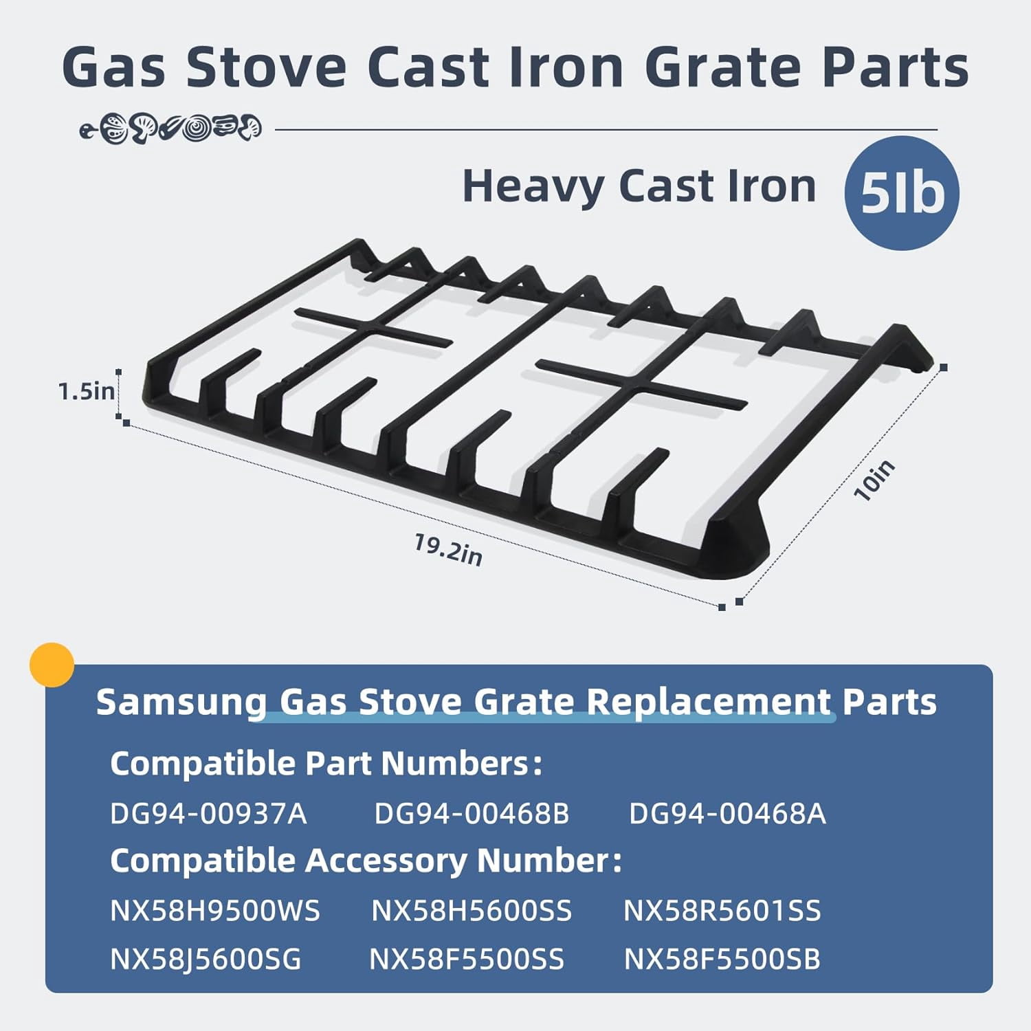 DG94-00937A Cast Iron Gas Stove Grate Replacement for Samsung Gas Stove top Support Parts NX58H9500WS NX58H5600SS NX58R5601SS Samsung Gas Range Surface Burner Grates Replacement Parts DG94-00468A