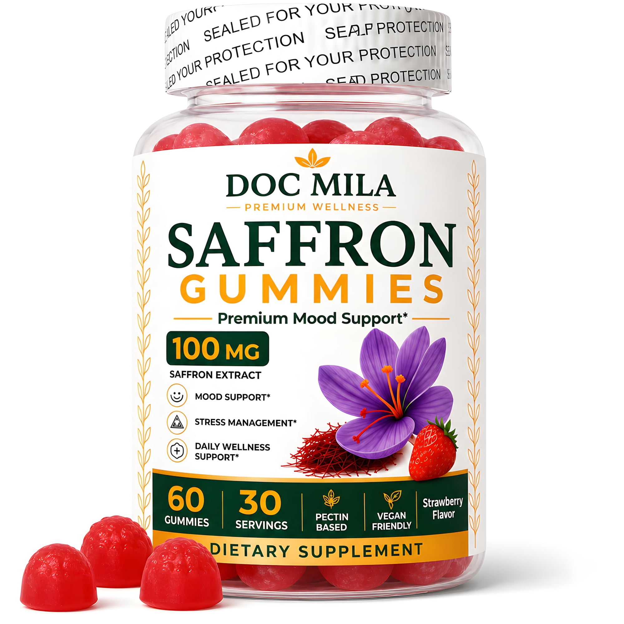 Doc Mila Saffron Gummies 100mg Extra Strength, Mood & Emotional Wellness Support for Adults & Kids, Strawberry Flavor, 60 Gummies