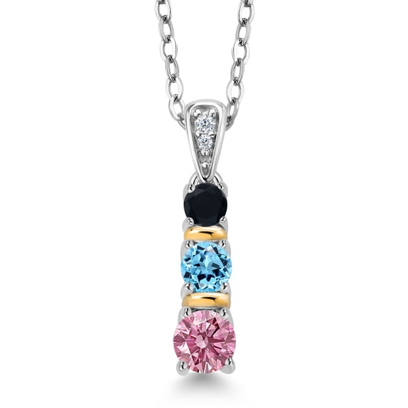Gem Stone King 925 Silver and 10K Yellow Gold Round Pink Lab Grown Diamond Swiss Blue Topaz and Black Onyx Pendant Necklace for Women (0.55 Cttw, Gemstone April Birthstone, with 18 inch Chain)