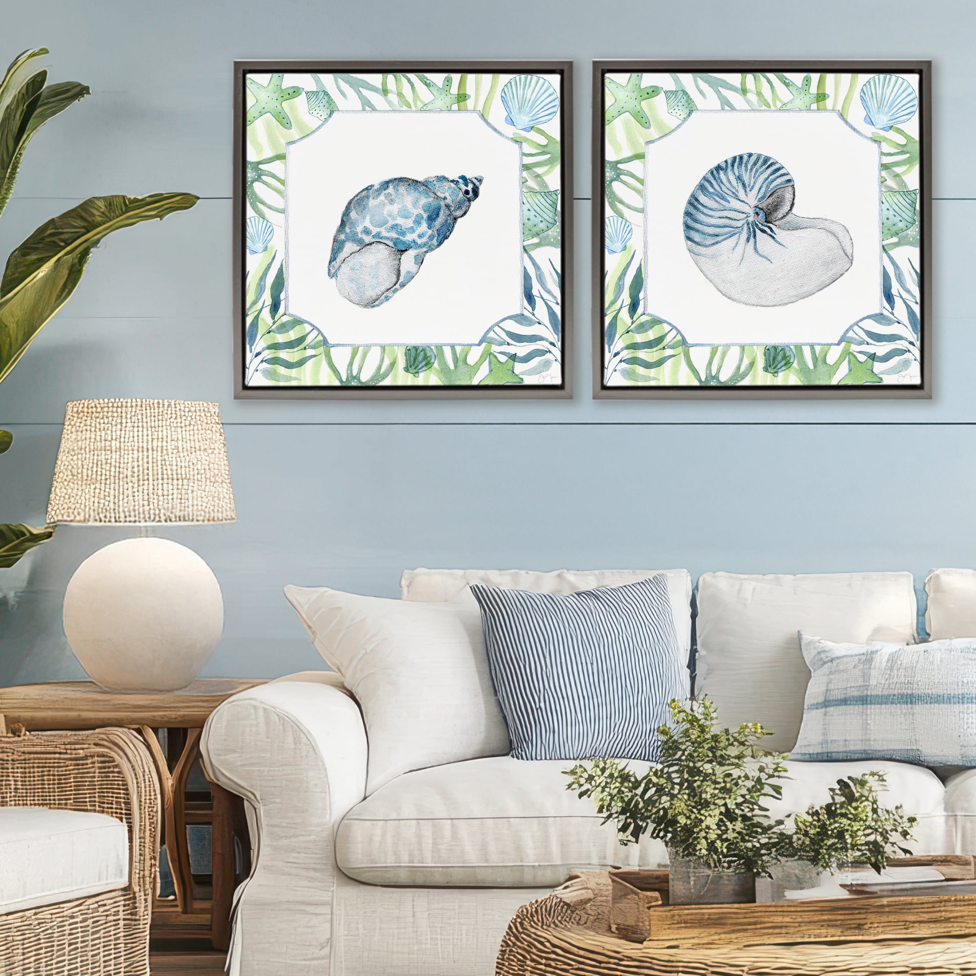 Stupell Industries Seaweed Bordered Seashells 2 Piece Gray Framed Floater Canvas Set, design by Janet Tava