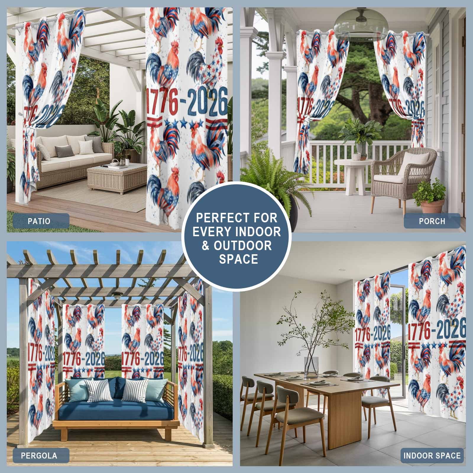 Independence Day Outdoor Curtains for Patio, Watercolor Red Blue America Flag Rooster Sunshade Privacy Drapes Grommet Waterproof Outside Curtains for Porch/Cabana/Balcony 54"x 108", 1 Panel