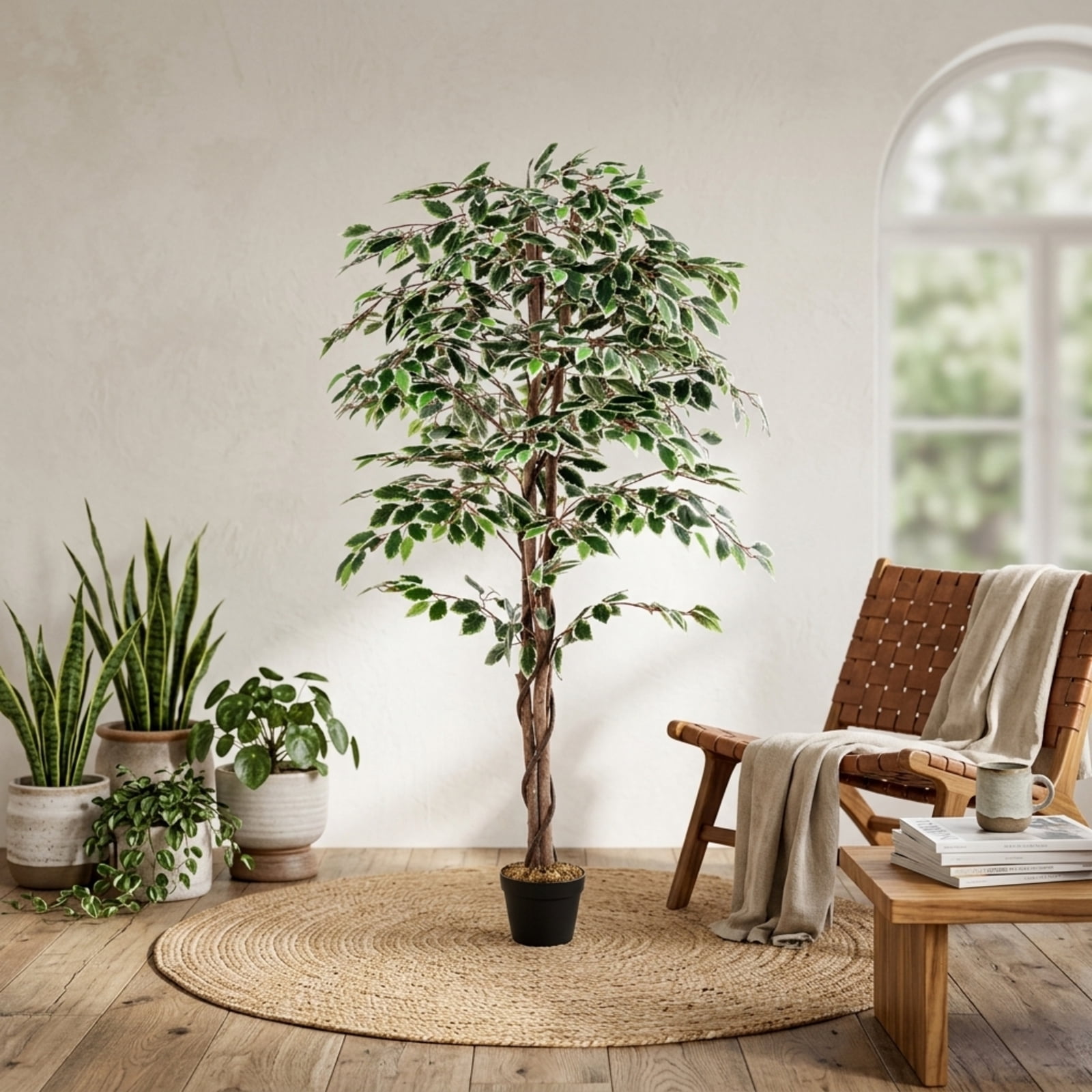 Vebreda Artificial Plant Decor, Artificial Ficus Tree Tall Faux Indoor Plant with 1008 Leaves Nursery Pot and Dried Moss, Multi-scene Application