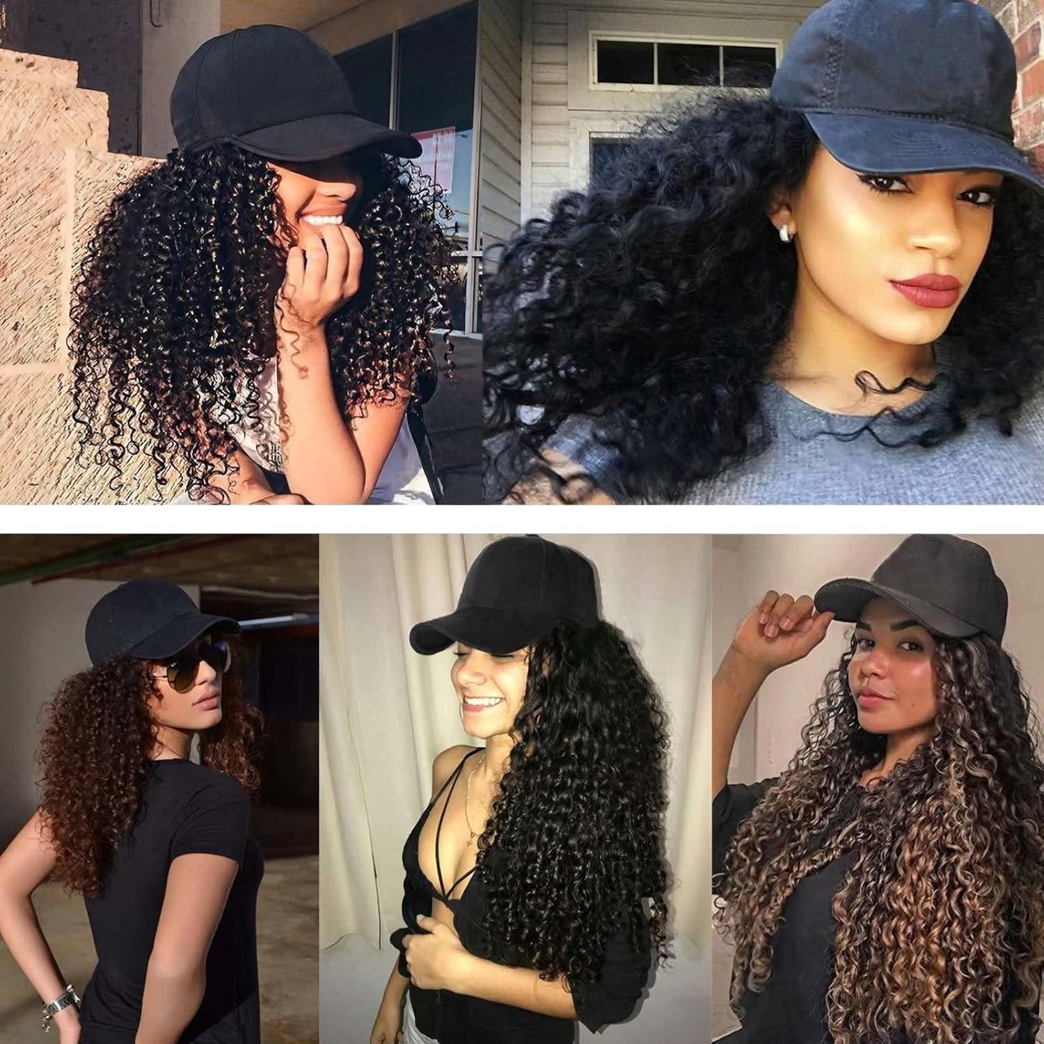 YEKEYI Headband Wig Human Hair Wigs Baseball cap Wig Curly Deep Wave Headband Wig Hat Wigs (Black hat Long Lbrown wig)