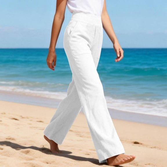 Nestiefly Linen Capri Pants for Women Wide Leg Capris Pant Summer Boho Dressy Casual Elastic Waist Lightweight Beach Trousers with Pockets White 2XL