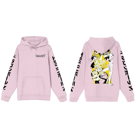 Dragon Ball Z Characters on Back with Kanji Sleeves Men's Pink Graphic Hoodie-Medium