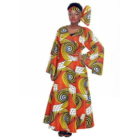 African Planet Women's Wrap around dress Printed Orange Wax Bell sleeves with Gele