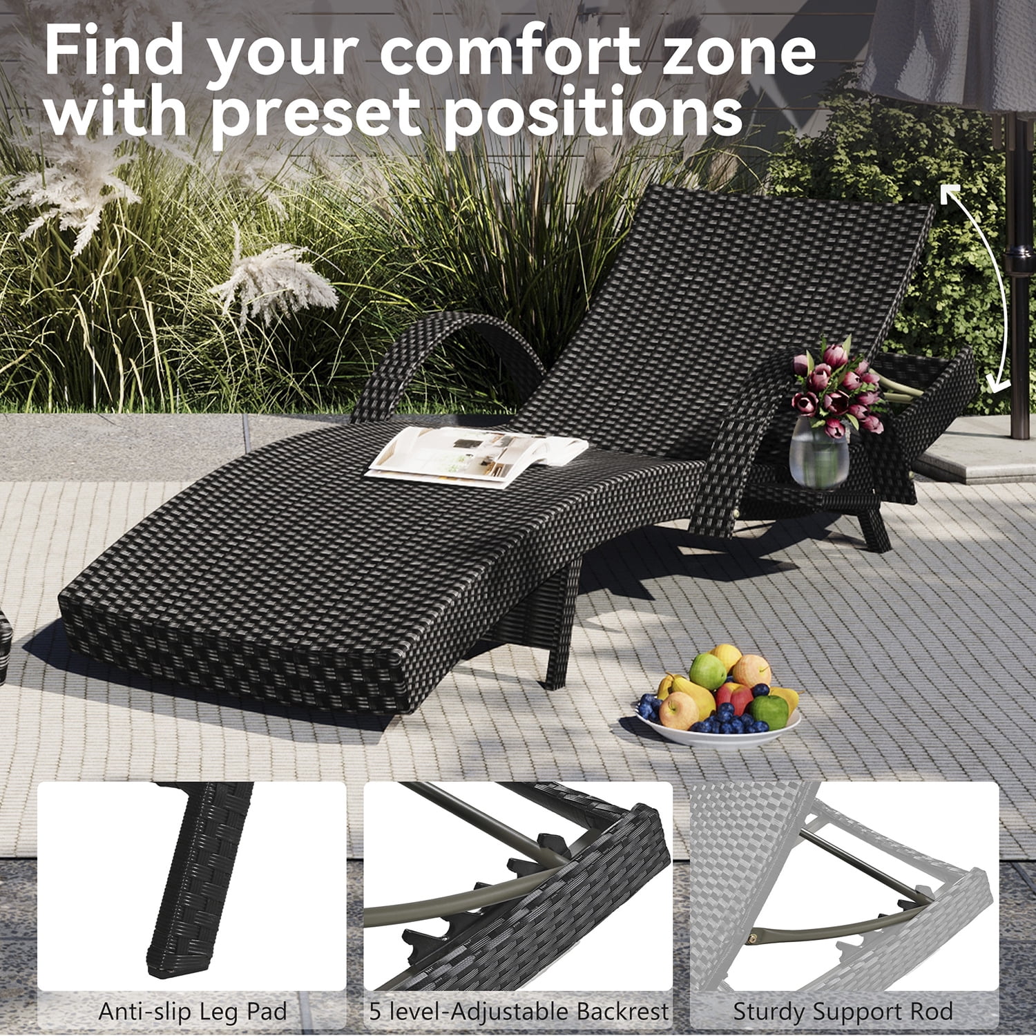 Aimee Lii Set of 2 Patio Wicker Adjustable Backrest Ergonomic Chaise Lounge Chairs with Pull-out Side Table, Convenient and Comfortable, Black Aimee Lii Set of 2 Patio Wicker Adjustable Backrest Ergonomic Chaise Lounge Chairs with Pull-out Side Table, Convenient and Comfortable, Black