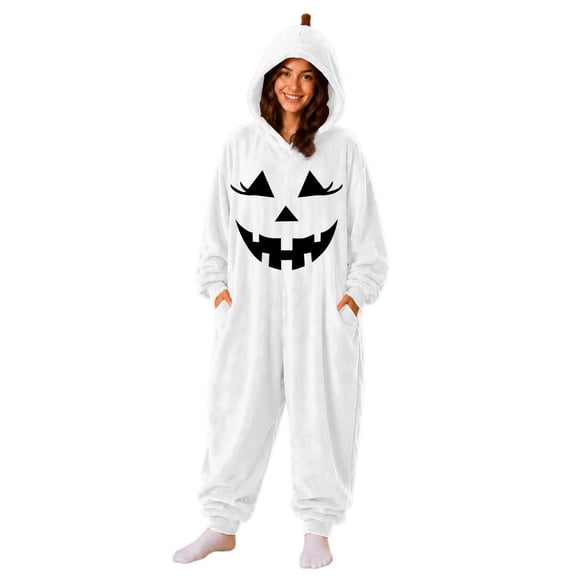 Adult Halloween Pumpkin Onesie 2026 New BWASD Womens Thick Warm Furry Onesie Pajamas Hooded Long Sleeve Elastic Ankle Cuff Soft Fleece for Winter Loungewear for Party Outfit Black,L