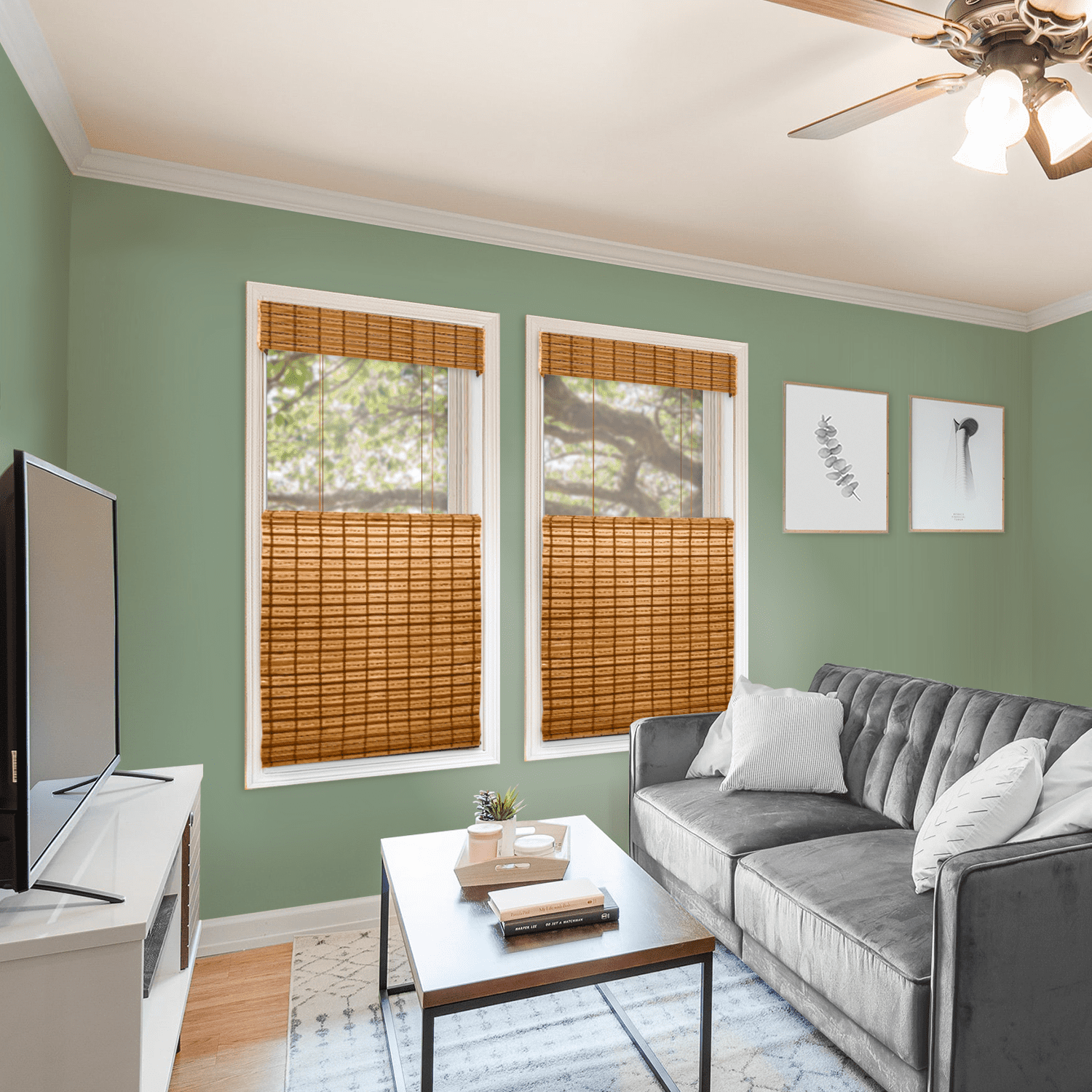 Natural Woven Top Down Bottom Up Cordless Bamboo Roman Shades for Windows, 61.5 in. W x 60 in. L, Honey Wheat