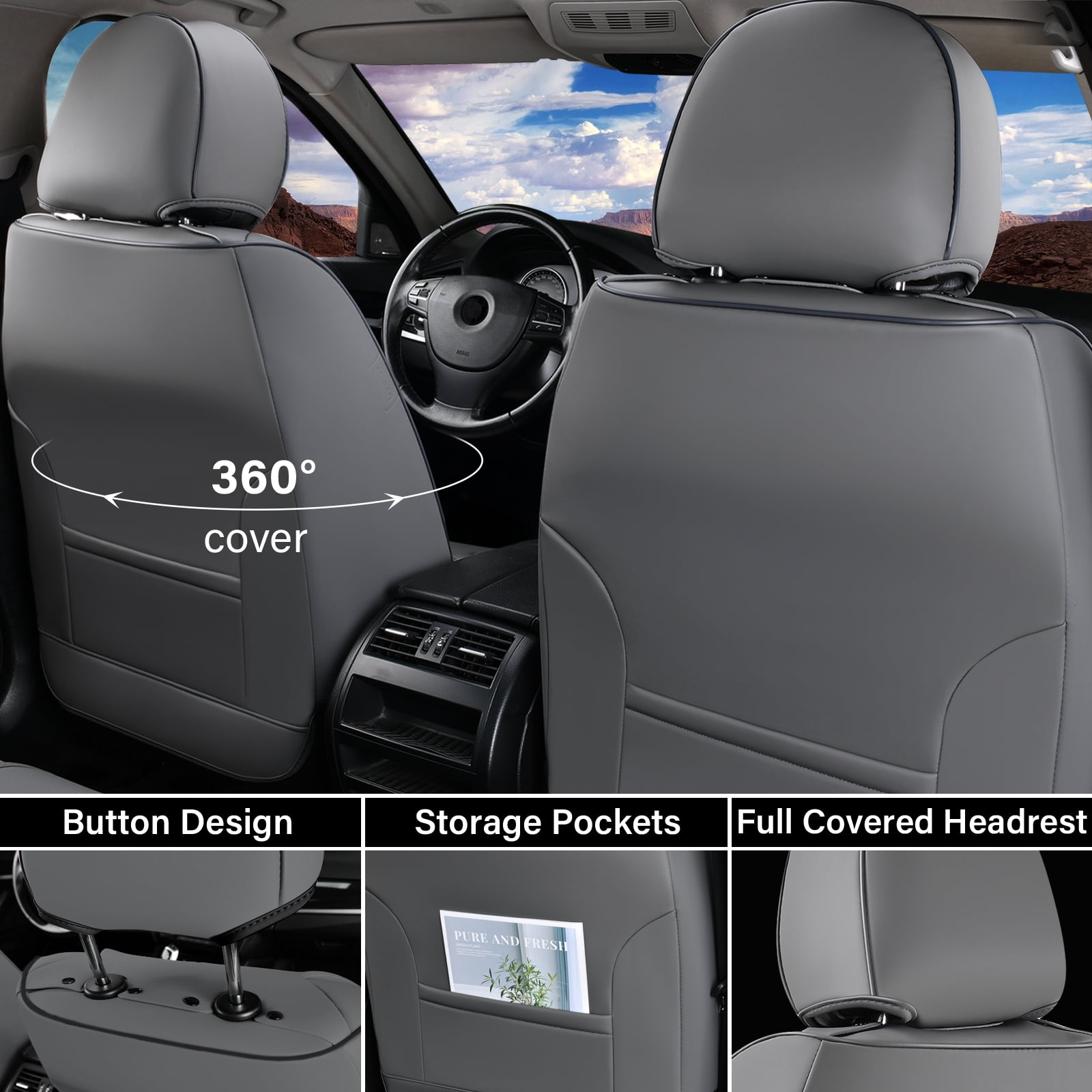Coverado Car Seat Covers 2 Seats, Waterproof Faux Leather Front Seat Protectors, Auto Interior Cushions Universal Fit for Most Cars, Gray