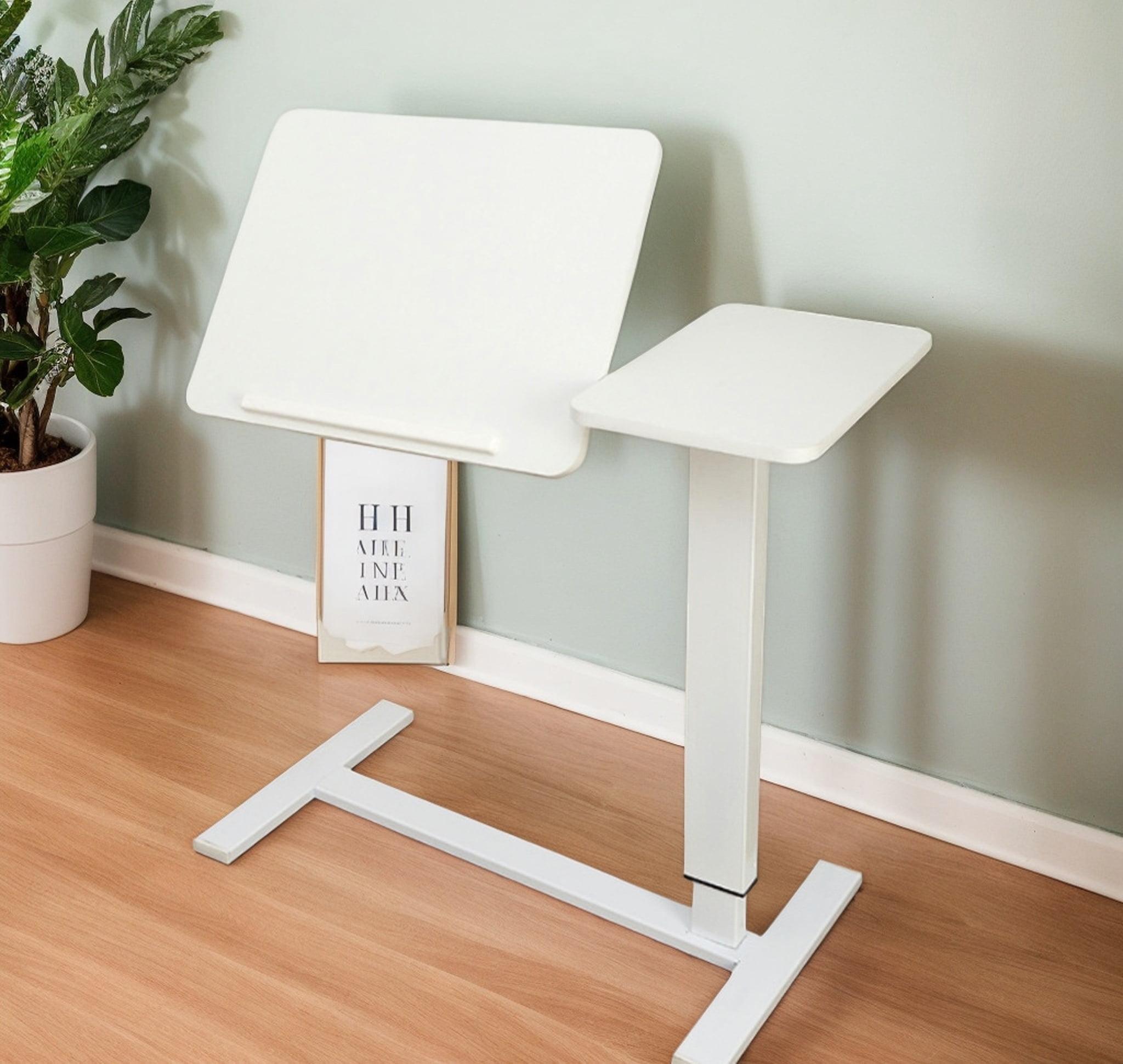Adjustable Overbed Bedside Table,Folding Tray Table with Wheels,Mobile Rolling Laptop Stand for Home,Hospital,School,White