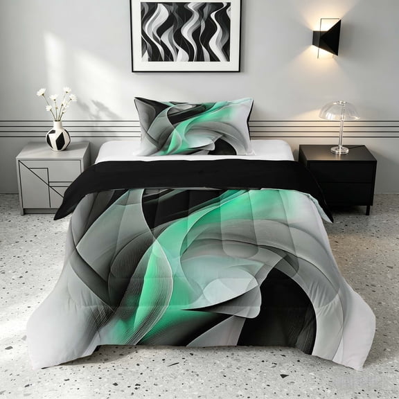 Manfei Turqoise Black and Gray Twin Comforter Sets, Modern Abstract Artwork, Black Reversible 2pcs, 1 Comforter and 1 Pillowcase