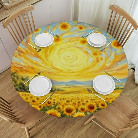 

Sheronv Sunflowers Round Tablecloth 100% Polyester Stain-Resistant Washable Indoor Outdoor for Picnic Dining Kitchen Farmhouse Fitted 54 -58
