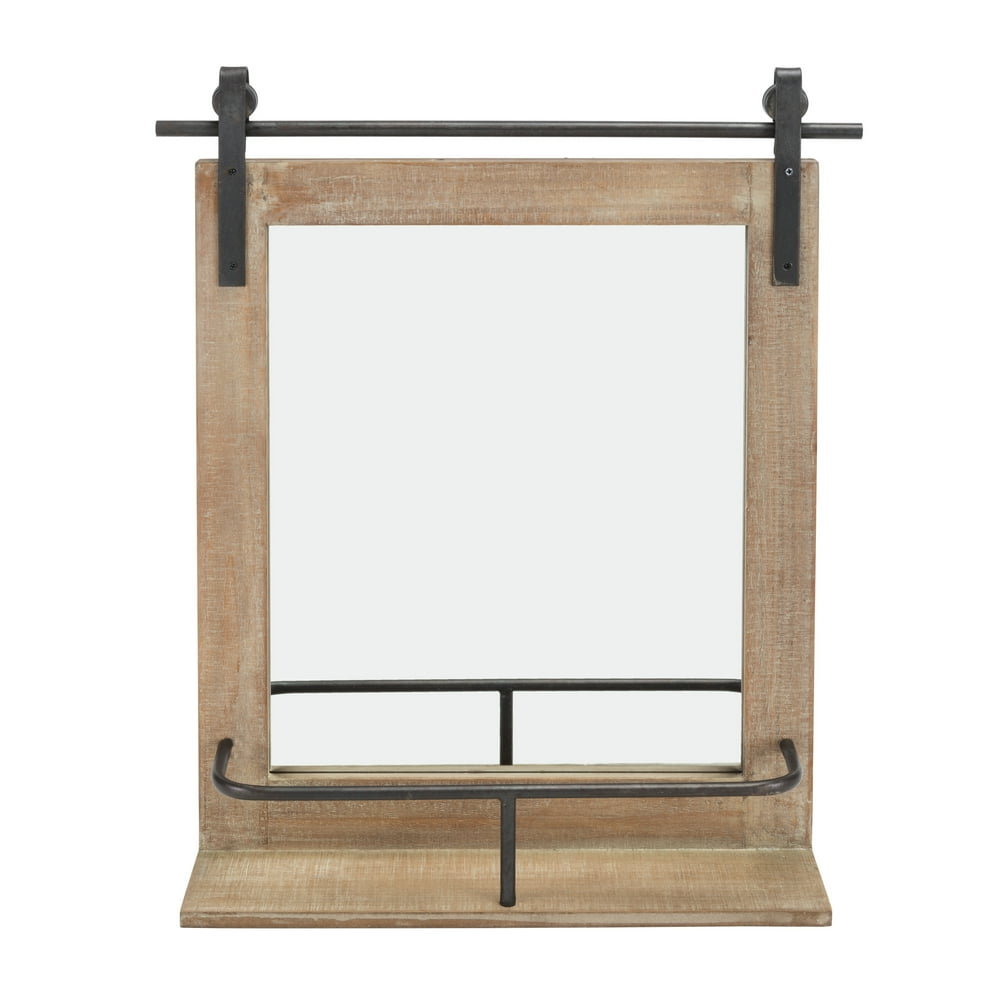 Danya B. Rustic Industrial WoodFramed Wall Mount Barn Door Vanity Mirror with Shelf and Iron