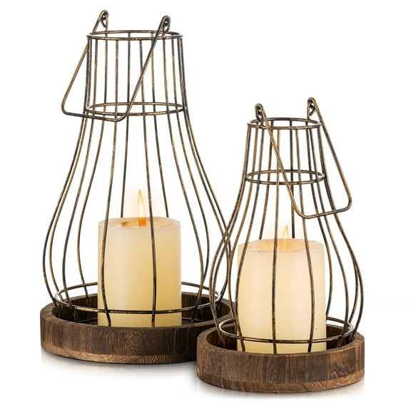 Hanobe Farmhouse Rustic Candle  Lantern Decor - Wire Metal Lantern Decorative Indoor Outdoor for Fireplace Mantle Coffee Table Decor Set of 2