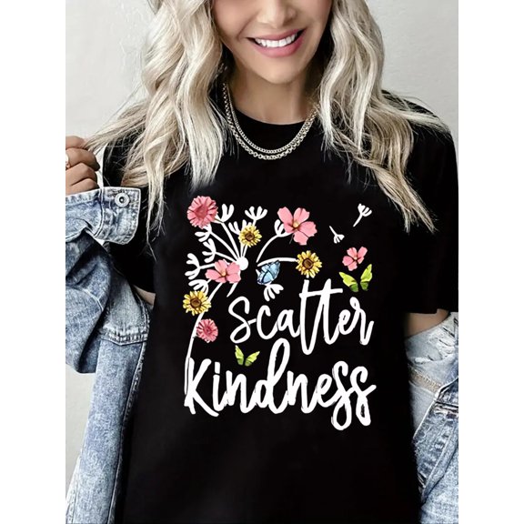 Woman Crew Neck T-Shirt Bohemian Floral Graphic Shirt Pure Cotton Casual Short Sleeve Top