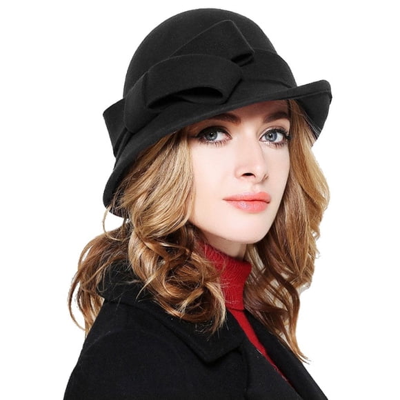 Womens Solid Color Bucket Hat Casual Lady Bowler Hat 100% Wool Winter Cap Cloche with Bow Accent Red