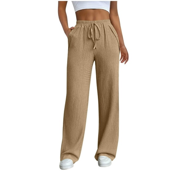 Edvintorg Womens Pants Casual Loose Elastic Waist Pocket Trousers with Drawstring Solid Color Comfy Pants Women Khaki L