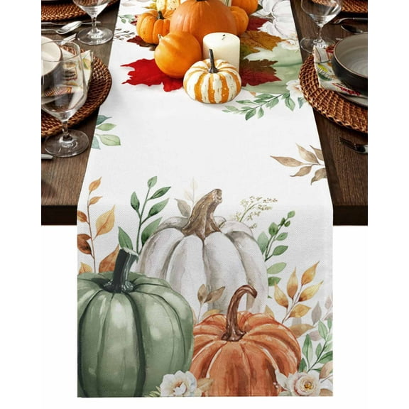 Table Runner 36 Inches Long, Eucalyptus Leaf Fall Pumpkin Floral Thanksgiving Cotton Linen Table Runners Non-Slip Durable Dresser Scarves for Table Party Dinner Holiday Home Decor, 1 Pack