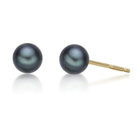 14K Yellow Gold Round Black Pearl Stud Earrings - 4mm