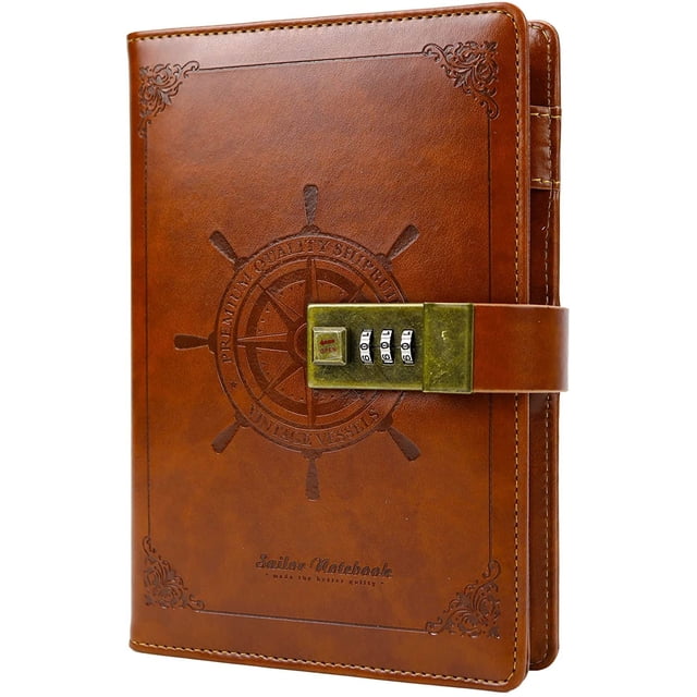 B6 Journal Vintage Brown Rudder Leather Journal Diary Notebook Three-Digit Password Combination Lock Creative Stationery (Brown)