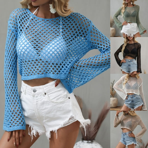 Neinkie Women Long Sleeve Crop Top Crochet Knit Color Block Pullover Jumper Tops Loose Patchwork Shirts Streetwear
