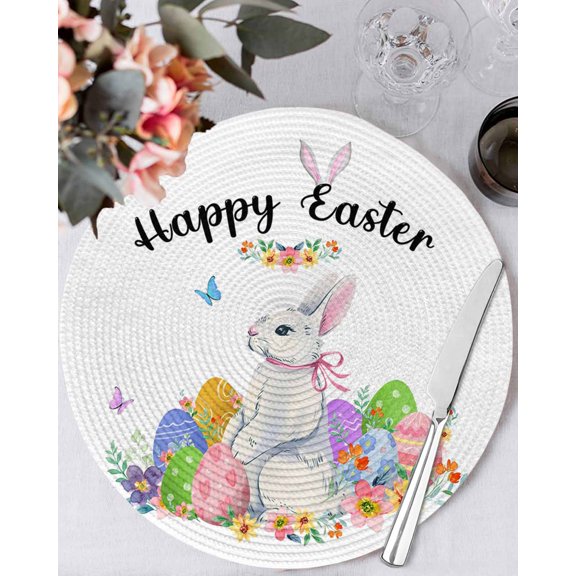15 Inch Round Placemats Set of 4, Easter Non Slip Heat Insulation PP Table Mats, Spring Watercolor Easter Eggs Bunny Flower Washable Place Mats for Kitchen Dining Party Table Decor