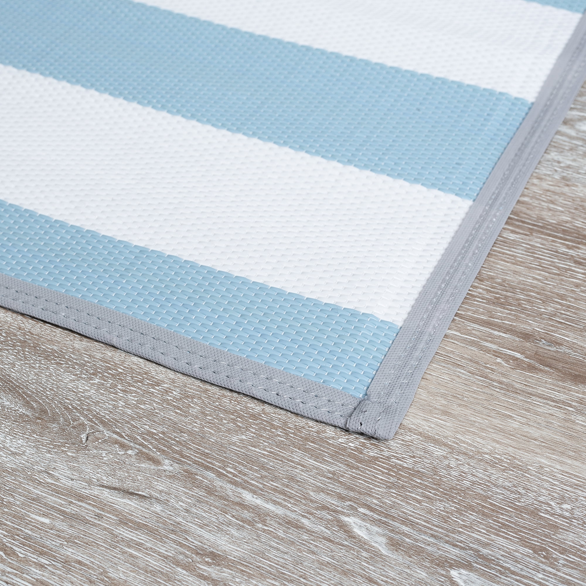 Luna Contemporary Stripe Aqua and White Polypropylene Reversible Plastic Straw Outdoor Area Rug, 5' x 6'11'' Rectangle