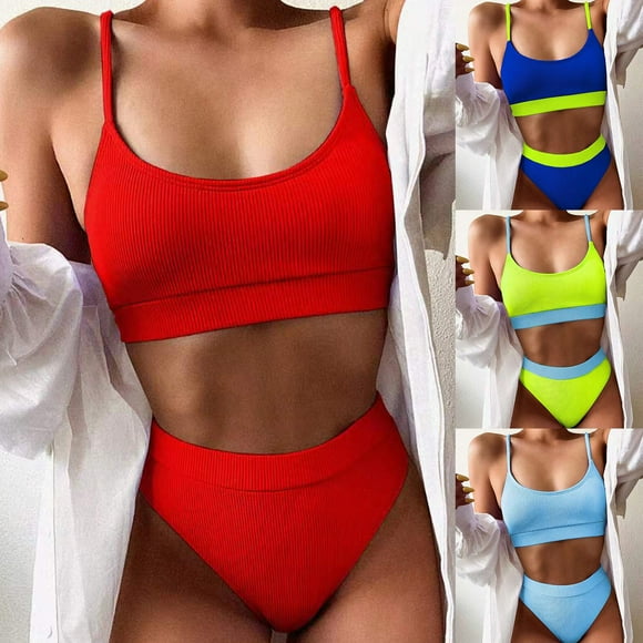 Travelwant Women High Waisted Bikini Set Sports Color Block Swimsuit Scoop Neck Cheeky Bathing Suit