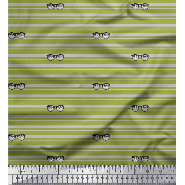 Soimoi Green polyester Crepe Fabric Text & Goggles Stripe Print Fabric by the Yard 52 Inch Wide