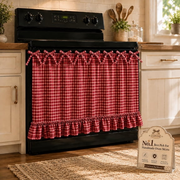 Oven Skirt Dishwasher Curtain with Tie Top, Farmhouse Gingham Plaid Appliance Cover for Stove, Oven Door and Rustic Kitchen Decor