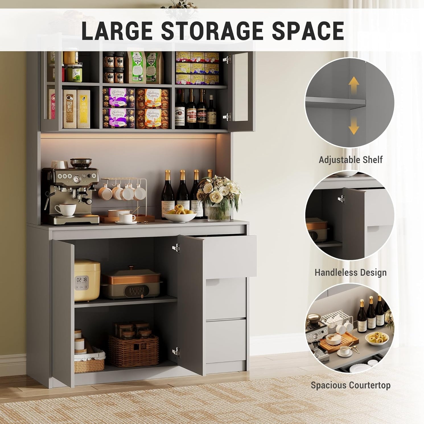 71" Pantry Cabinet with Charging Station,Tall Kitchen Pantry Storage Cabinet with Led Lights,Kitchen Hutch with Microwave Stand for Dining Room, Living Room