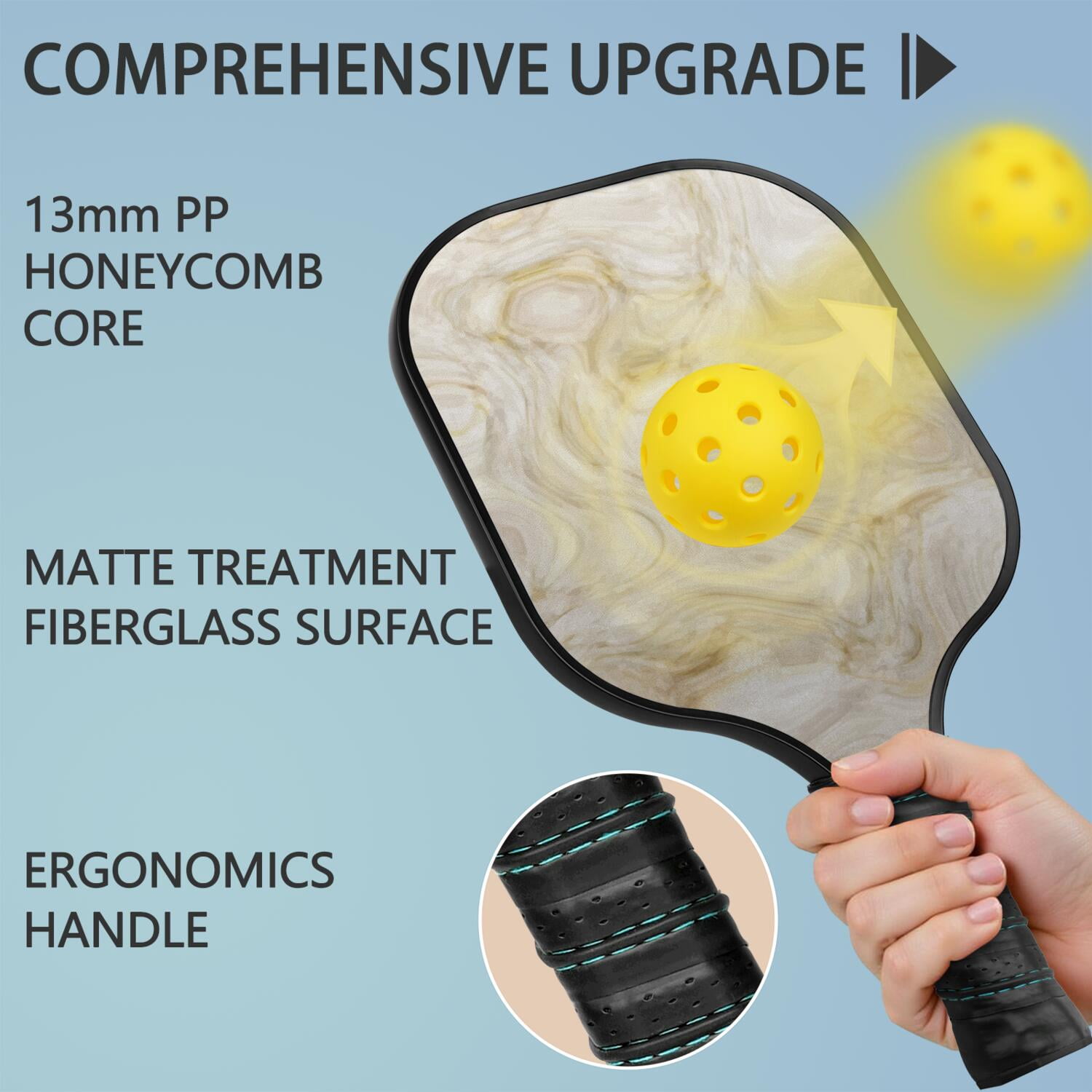 Pickleball Paddles Set Of 2, Fiberglass Surface, Turquoise Marble Pattern, 4 Balls & Bag