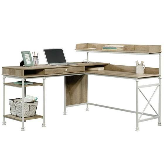 Sauder C Street L Shaped Computer Desk In Coastal Oak And White