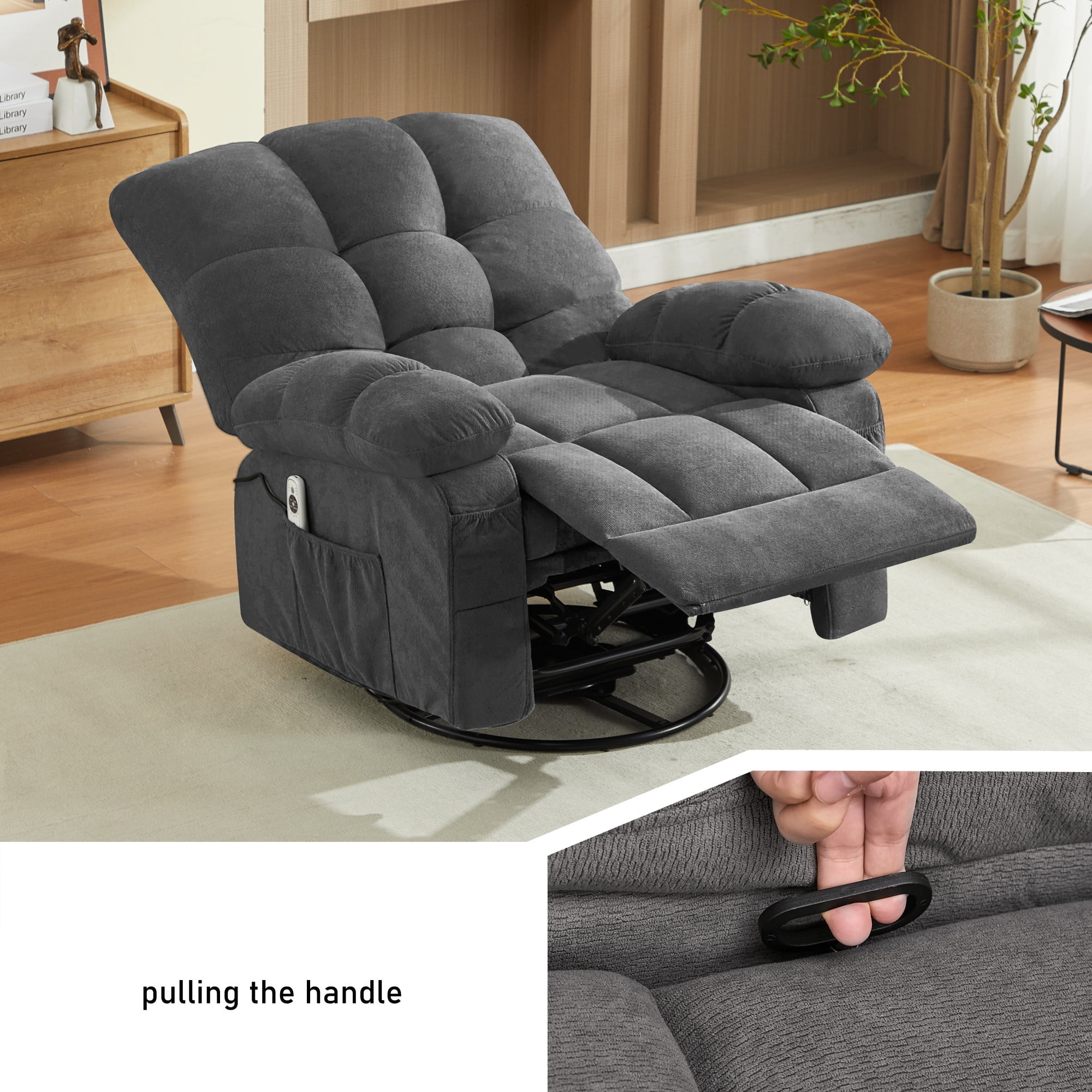 Alvantor Swivel Rocker Recliner Chair with Massage & Heat Single Rocker Sofa with Cup Holders for Bedroom Home Theater Gray