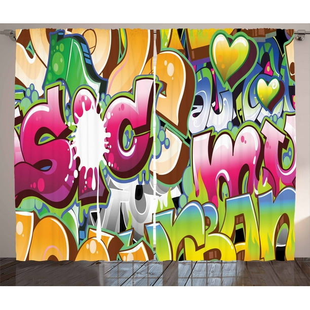 Urban Graffiti Curtains 2 Panels Set Throwie Style Wall Of Bubble Letters P...