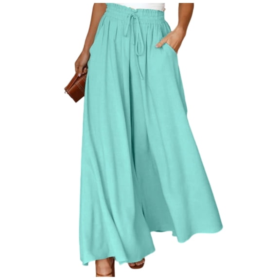 WULMLEO Women Summer Beach Vacation Pants High Waisted Wide Leg Pants Printed Loose Flowy Casual Palazzo Lounge Trousers Cyan M