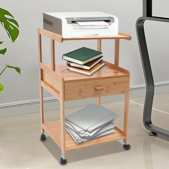 3-Tier Bamboo Mobile Printer Stand Rolling Book Storage Shelf W/ Drawer for Placing Printers, Scanners