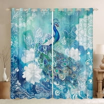 jejeloiu Bohemian Peacock Black Out Curtains,Vinatge Floral Flowers Curtains Pack of 2 (42x63 Each),White Cyan Bedroom Curtains For Teens,Super Cozy Room Decor