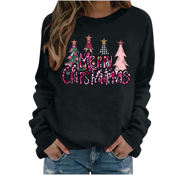 Women's Christmas Sweatshirts，Womens Crew Neck Tops Long Sleeve Pullover Sweater Blouses Relaxed Fit Sweatshirt Lounge Dressy Shirts Tops Xmas Graphic Sweatshirt