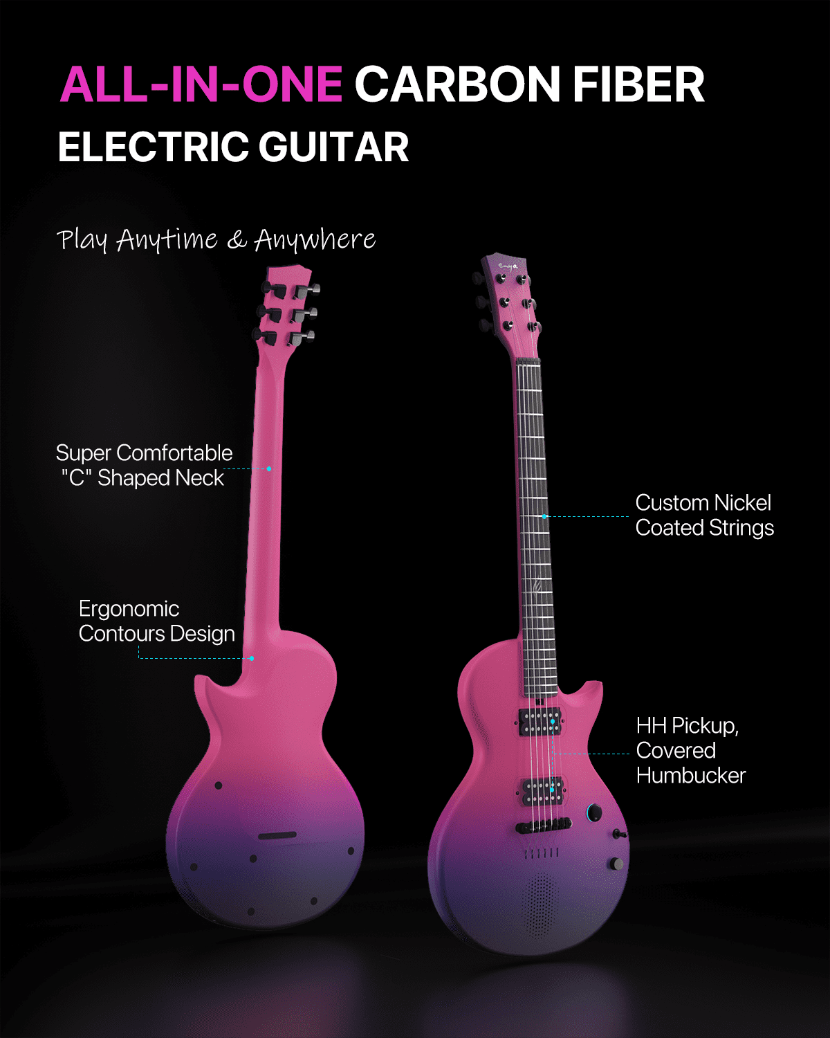 Enya Electric Guitar Nova Go Sonic Smart Electric Carbon Fiber Guitarra with 10W Wireless Speaker, Onboard Presets, Charging Cable, Adjusting Wrench, and Gig Bag