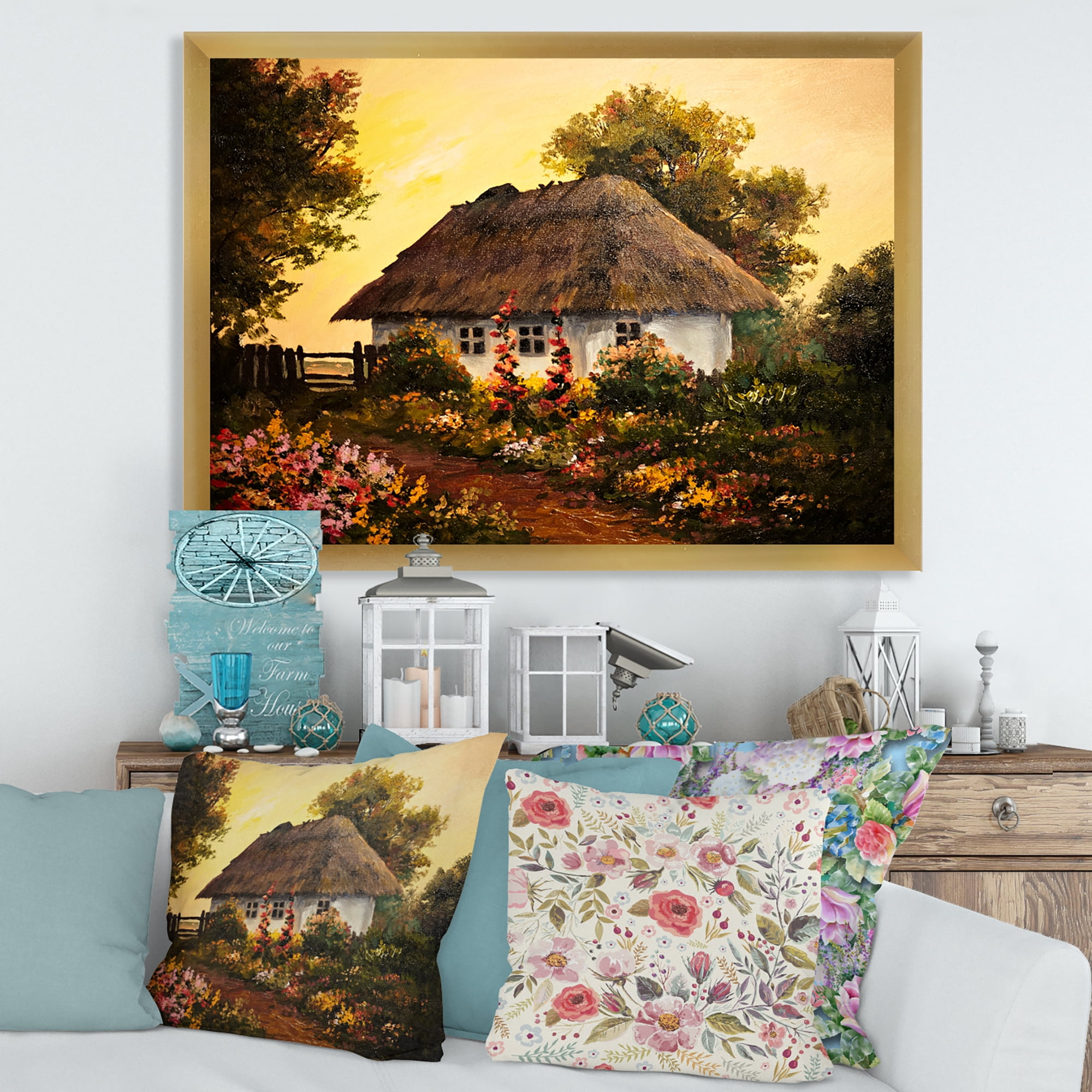 Designart 'Traditional Cottage At Sunset In Autumn Flowers' Traditional Framed Art Print