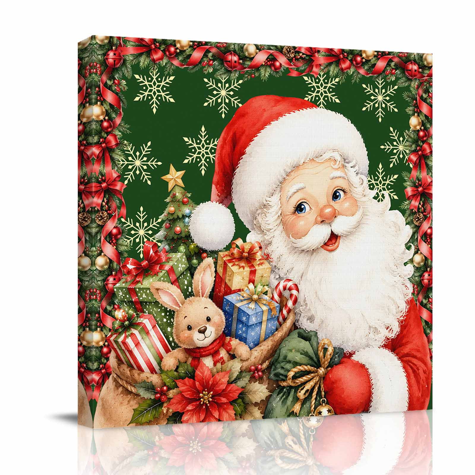Canvas Wall Art Christmas Santa Claus Framed Canvas Prints for Bathroom Desk Green Xmas Gifts Ribbons Snowflake Small Gallery Wrapped Wall Decor for Home Office Gifts 8 x8 Ship Next Day