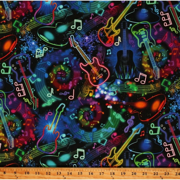 Cotton Neon Music Notes & Guitars Musical Instruments Black Cotton Fabric Print by the Yard (MUSIC-CD2978-BLACK)