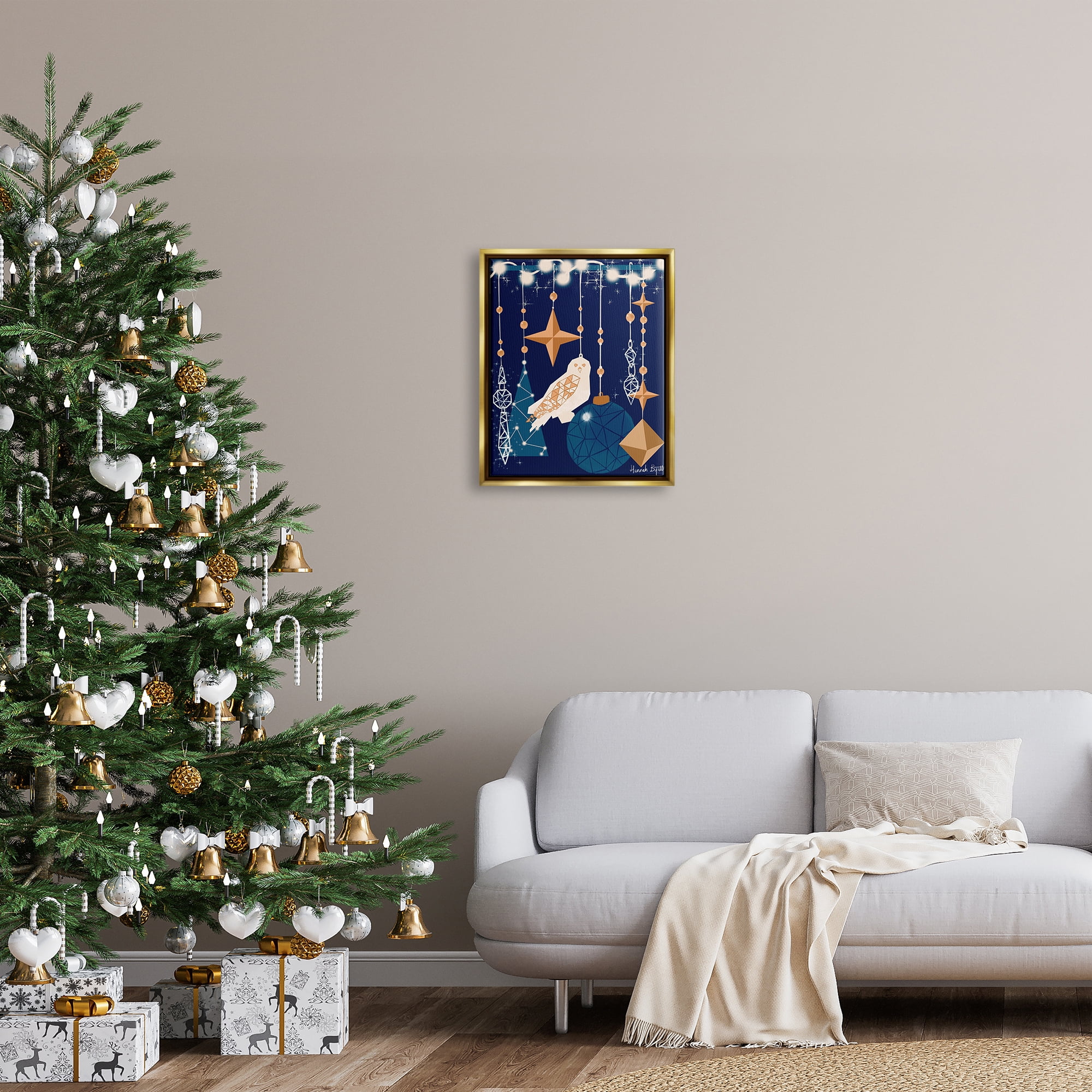 Stupell Industries Geometric Winter Owl Holiday Painting Gold Floater Framed Art Print Wall Art, 17 x 21
