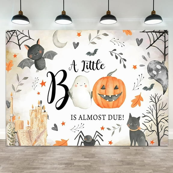 Halloween Backdrop A Little Boo is Almost Due Photography Background for Boys Girls Ghost Pumpkin Bat Spider Moon Star Leaf Baby Shower Birthday Party Decorations Banner Supplies Photo Booth Props