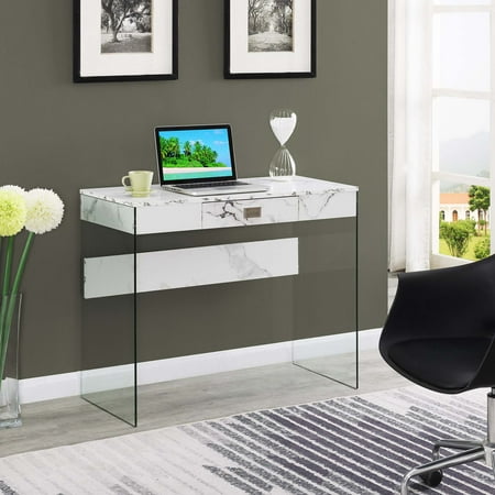 Convenience Concepts SoHo 30 Tall 1 Drawer Glass 36-inch Desk White Faux Marble/Glass All Ages